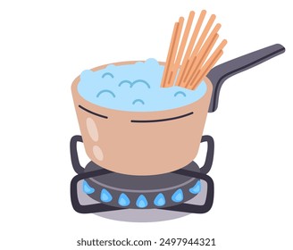 Boiling water with pasta. Cooking spaghetti in pot on stove, boiling pasta on gas cooker, food preparing flat vector illustration. Lunch or dinner cook on gas stove