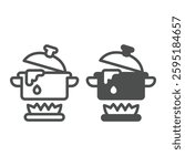 Boiling water pot on fire line and solid icon, culinary cooking concept. Vector graphics. Pot on gas flame, water heating sign on white background, outline style icon for mobile or web design