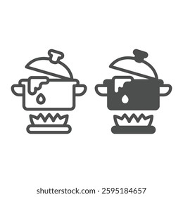 Boiling water pot on fire line and solid icon, culinary cooking concept. Vector graphics. Pot on gas flame, water heating sign on white background, outline style icon for mobile or web design