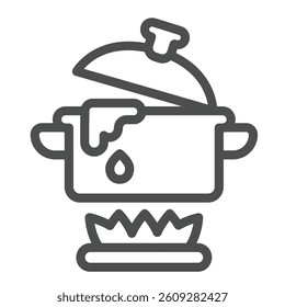 Boiling water pot on fire line icon, culinary cooking concept. Vector graphics. Pot on gas flame, water heating sign on white background, outline style icon for mobile or web design