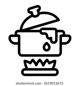 Boiling water pot on fire line icon, culinary cooking concept. Vector graphics. Pot on gas flame, water heating sign on white background, style mobile or design
