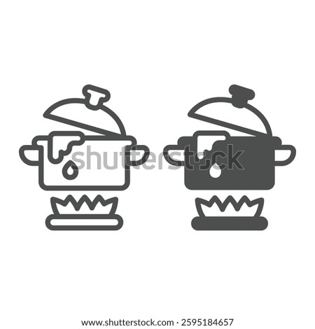 Boiling water pot on fire line and solid icon, culinary cooking concept. Vector graphics. Pot on gas flame, water heating sign on white background, outline style icon for mobile or web design