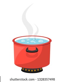 Boiling water in red pan flat vector design illustration isolated on white background