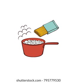 Boiling water and spaghetti, pasta cooking instruction, sketch hand drawn vector illustration isolated on white background. Cooking pasta - water boiling in pan and package of uncooked spaghetti