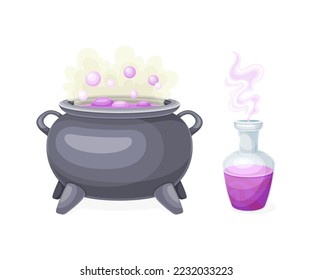 Boiling Witch Cauldron and Glass Jar with Poison as Magical Object and Witchcraft Item Vector Set