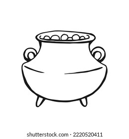 Boiling witch cauldron. Hand drawn vector illustration isolated on white background.