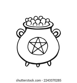 Boiling witch cauldron. Hand drawn vector illustration isolated on white background.
