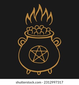 Boiling witch cauldron. Hand drawn vector illustration.