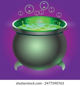 Boiling Witch Cauldron with Potion \\\Halloween Magic Cauldron with Green Potion, Boiling Magic Brew. Vector illustration isolated on purple background.