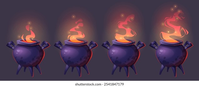 Boiling witch cauldron sprite set isolated on black background. Vector cartoon illustration of magic potion with hot orange steam cooking in old sorcery pot, evil witchcraft spell, Halloween party