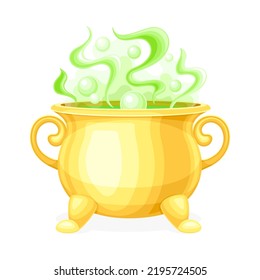 Boiling Witch Yellow Cauldron with Steaming Poison as Magical Object and Witchcraft Item Vector Illustration