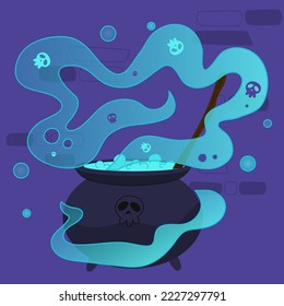 A boiling witches blue magic potion with bubbles, steam, and a skull