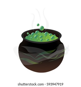 Boiling witches magical cauldron of bubbling green purple potion. Halloween. Vector illustration, isolated on a white background.