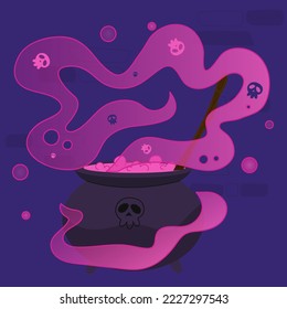 A boiling witches pink magic potion with bubbles, steam, and a skull