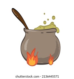 Boiling witch's cauldron in cartoon style isolated on white background