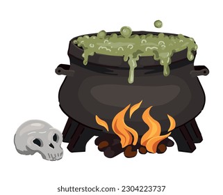 Boiling witch's cauldron doodle. Single clipart of witchcraft item isolated on white. Halloween colored vector illustration in cartoon style..