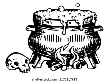 Boiling witch's cauldron doodle. Witchcraft item ink sketch isolated on white. Halloween hand drawn vector illustration in retro style.