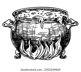 Boiling witch's cauldron sketch. Witchcraft item ink sketch isolated on white. Halloween hand drawn vector illustration in retro style. Isolated on white background