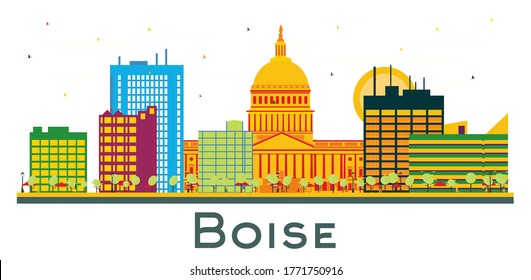 Boise Idaho City Skyline with Color Buildings Isolated on White. Vector Illustration. Business Travel and Tourism Concept with Modern Architecture. Boise USA Cityscape with Landmarks.