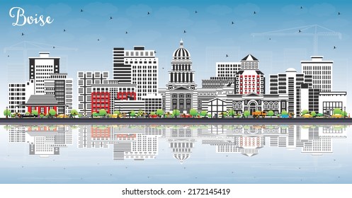 Boise Idaho City Skyline with Color Buildings, Blue Sky and Reflections. Vector Illustration. Boise USA Cityscape with Landmarks. Business Travel and Tourism Concept with Modern Architecture.