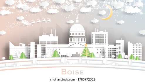 Boise Idaho USA City Skyline in Paper Cut Style with Snowflakes, Moon and Neon Garland. Vector Illustration. Christmas and New Year Concept. Santa Claus on Sleigh.