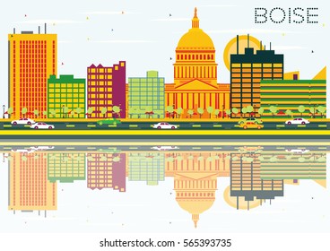 Boise Skyline with Color Buildings, Blue Sky and Reflections. Vector Illustration. Business Travel and Tourism Concept. Image for Presentation Banner Placard and Web Site.