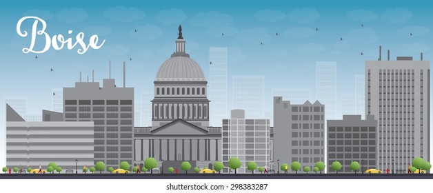 Boise Skyline with Grey Building and Blue Sky. Vector Illustration. Business travel and tourism concept with modern buildings. Image for presentation, banner, placard and web site.