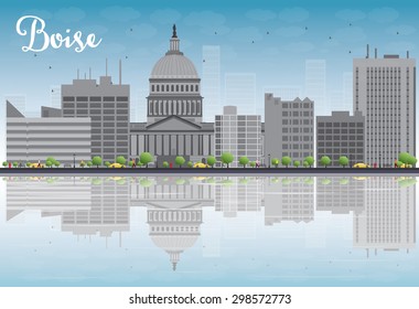 Boise Skyline with Grey Building, Blue Sky and reflections. Vector Illustration. Business travel and tourism concept with place for text. Image for presentation, banner, placard and web site.