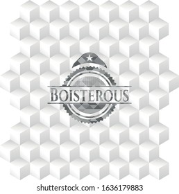 Boisterous retro style grey emblem with geometric cube white background