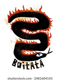 Boitata. Fire snake. Fantastic creature of Brazilian mythology. Vector isolated illustration with lettering.