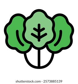 Bok choy cabbage with green leaves growing on white background, simple cartoon icon of healthy vegetable