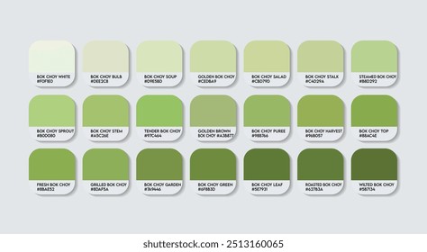 Bok Choy Colors Palette, Bok Choy Color Guide Palette with Color Names. Catalog Samples of Green with RGB HEX codes. plastic, paint, natural Green, Fashion Trend Bok Choy colored shades tones