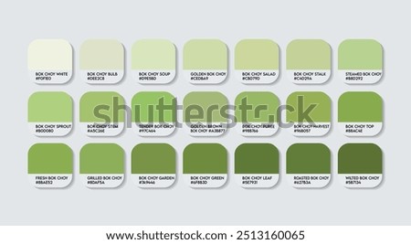 Bok Choy Colors Palette, Bok Choy Color Guide Palette with Color Names. Catalog Samples of Green with RGB HEX codes. plastic, paint, natural Green, Fashion Trend Bok Choy colored shades tones