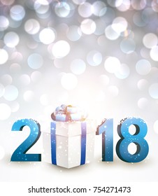 Bokeh 2018 New Year background with blue gift. Vector illustration.