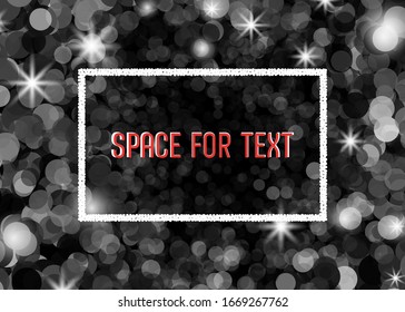Bokeh abstract background with transparent circles and glow and sparkle elements. Text frame. Vector illustration.