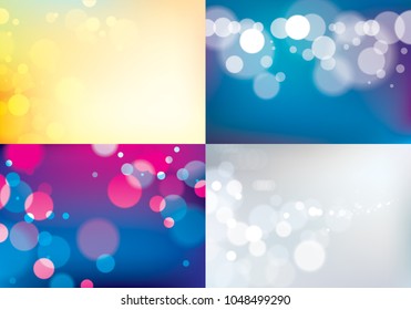 Bokeh abstract blurry lights backgrounds set. Colorful vector illustrations for your design. Holidays magic festive shiny theme collection.