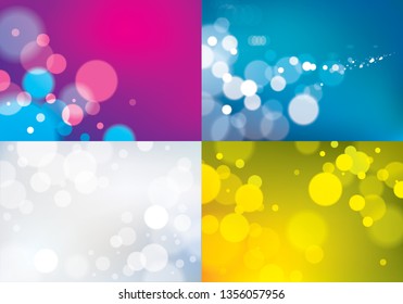 Bokeh abstract blurry lights backgrounds set. Colorful vector illustrations for your design. Holidays magic festive shiny theme collection.