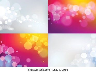 Bokeh abstract blurry lights backgrounds set. Colorful vector illustrations for your design. Holidays magic festive shiny theme collection.