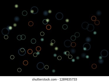 Bokeh in abstract style on black background. Illuminated design. Vector abstract geometric background. Bright bokeh texture. Bokeh. Modern wallpaper. Vector holiday design