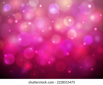 Bokeh background black and pink. Abstract glitter defocused blinking. Beautiful sparks shiny ornaments with special light. Soft blur light effect wallpaper. Vector illustration.