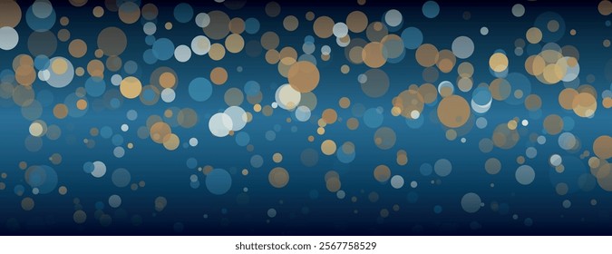 Bokeh background with a blue background, featuring a soft, blurred texture. The background has a blue and gold color scheme with circles. Dreamy bokeh light background vector.