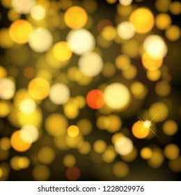 Bokeh background. Bright festive backdrop of blurry bokeh circles. Warm shades. Transparent light effect vector illustration
