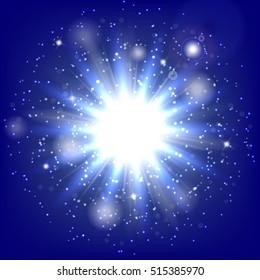 Bokeh background. Fairy lights. Lens flare vector. Christmas decoration. Illustration of a blue backdrop.
