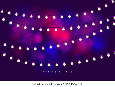 Bokeh Background With Outdoor String Lights. Party Glowing Light Bulbs Background.