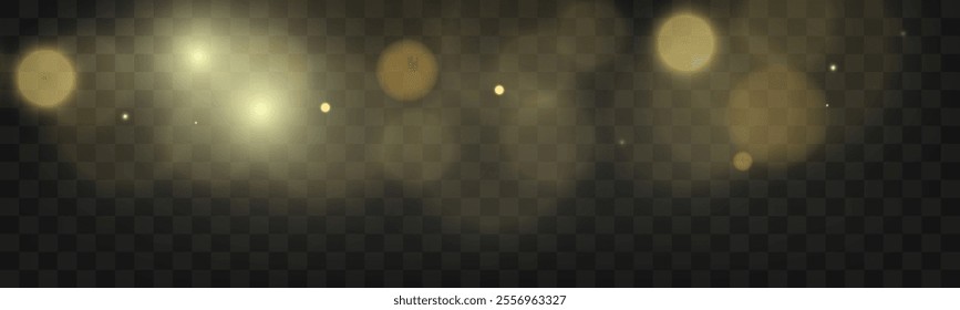 Bokeh background with soft golden light orbs on a transparent grid, ideal for overlays and graphic design projects.