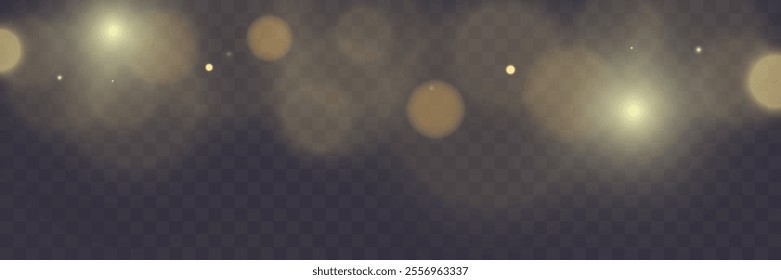 Bokeh background with soft golden light orbs on a transparent grid, ideal for overlays and graphic design projects.