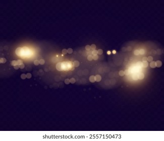Bokeh background with soft golden light orbs on transparent grid, ideal for overlays and graphic design.
