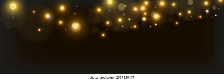 Bokeh background with soft golden light orbs on transparent grid, ideal for overlays and graphic design.