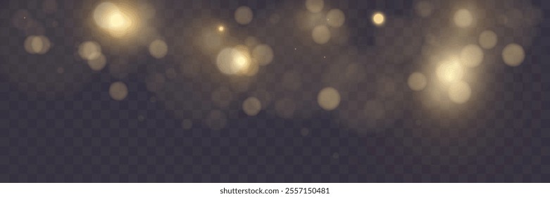 Bokeh background with soft golden light orbs on transparent grid, ideal for overlays and graphic design.