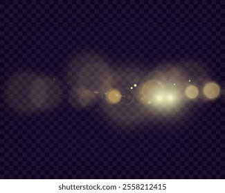 Bokeh background with soft golden light orbs on a transparent grid, ideal for overlays and graphic design projects.
